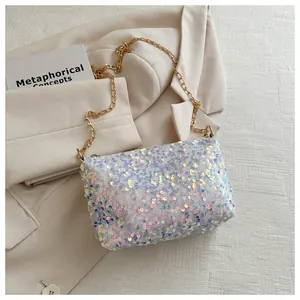 Details der bunten Pailletten und der goldenen Kette der stilvollen Beuteltasche