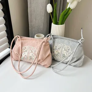 Eleganti borse a tracolla in stile cinese con ricami floreali in rosa e grigio argento