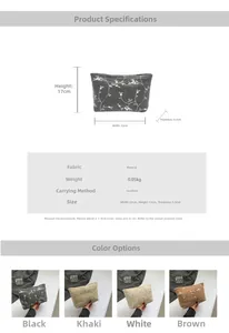 Size guide for embroidered pouch showing 22x17x5.5cm dimensions and fabric specifications