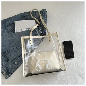Macro detail of PVC jelly tote with beige inner pouch featuring cartoon bear design