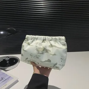 Floral nylon cosmetic bag with traditional Chinese landscape print and pleated design