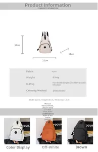 Detailed size and color chart for nylon multi-way chest bag showing three casual colors