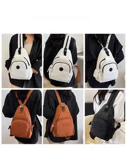 Multi-view of compact nylon crossbody chest bag and mini backpack in three colors