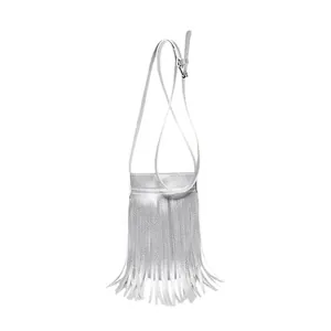 Chic silver crossbody phone bag for women with metallic fringe and adjustable shoulder strap