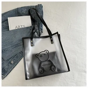 Detail of waterproof PVC tote bag with cartoon bear print and black leather handles