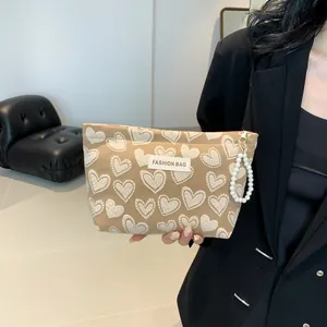 Damen Mode Segeltuch Herz Kosmetiktasche Mit Perlen Griff Koreanischer Stil Make-up Organizer Kleine Quadratische Handtasche