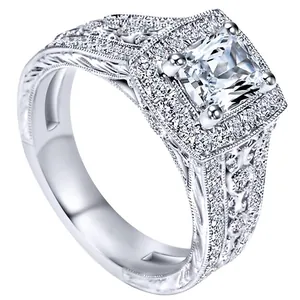 Vintage 925 Sterling Silver Square Zirconia Halo Ring With Engraved Band For Women Wedding Engagement Jewelry Gift