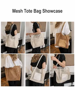 Model wearing large mesh woven tote bag with outer pocket for beach and summer travel
