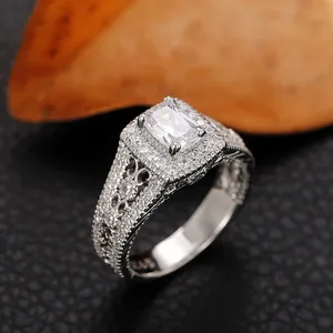 Luxurious S925 silver square zircon ring with vintage lace pattern and halo stones