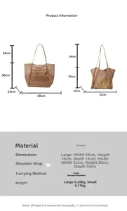 Size guide for large and small woven beach tote bags with detailed measurements and weight