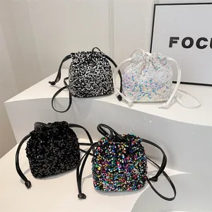 Women Shiny Sequin Drawstring Bucket Bag Fashion Crossbody Shoulder Bag Mini Party Evening Handbag With PU Leather Strap