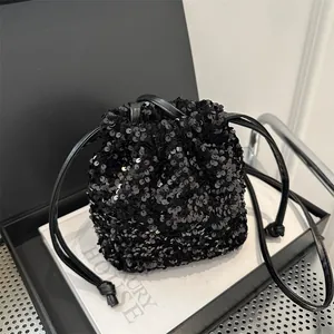 Sparkly black sequin drawstring bucket bag for women with luxurious evening style design