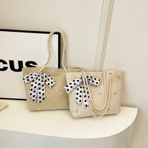 Sac Tote en Paille Tissée pour Femmes Broderie Marguerite Nœud à Pois Écharpe Décor Été Plage Sac à Bandoulière Décontracté Vacances Sac à Main