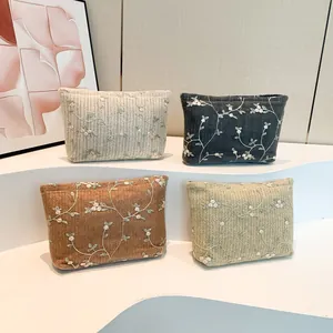 Women Fashion Floral Embroidery Woven Clutch Bag Nylon Fabric Cosmetic Pouch Zipper Organizer Handbag Travel Daily Accessory