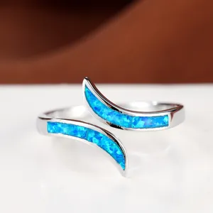Minimalist Copper Open Ring With Synthetic Blue Opal Inlay Silver Plated Geometric Wave Finger Ring For Women Daily Jewelry