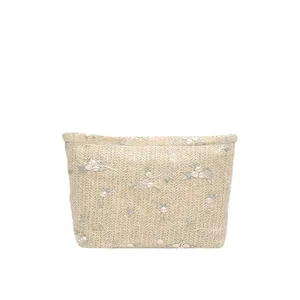 Straw woven clutch bag with pink floral embroidery and large capacity for women