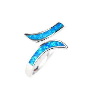 Minimalist white gold plated open ring featuring vibrant blue Australian opal inlay