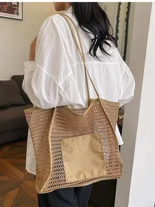 Bolso Tote Casual de Algodón y Lino para Mujer Tejido de Malla Gran Capacidad Calado Bolso de Mano de Verano para Playa Bolso de Hombro Simple