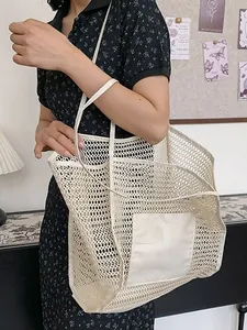 Bolso de playa minimalista de malla beige con bolsillo de lona para moda de verano mujer