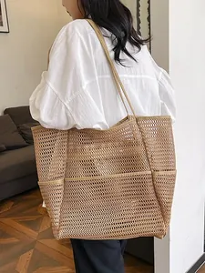 Bolso tote de malla tejida caqui de moda para mujer con gran capacidad y correa de hombro