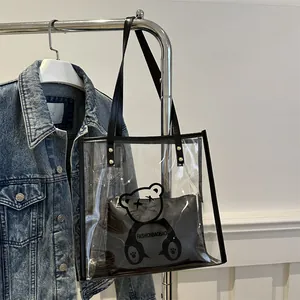 Transparent PVC Tote Bag Inner Pouch Cartoon Bear Print Large Capacity Jelly Handbag Shoulder Bag Beach Bag For Women