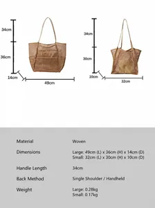 Fashionable woven beach bag for women with size chart details in large and small sizes