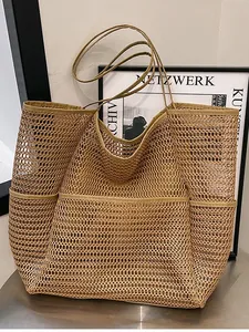 Bolso tote grande de malla color caqui para mujer, elegante bolso de playa y de hombro