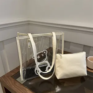 Transparent PVC colorful jelly tote bag with cartoon bear and inner cream pouch