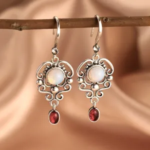 Vintage Bohemian Dangle Earrings Women Ancient Silver Copper Hollow Filigree White Faux Moonstone Red Stone Party Jewelry