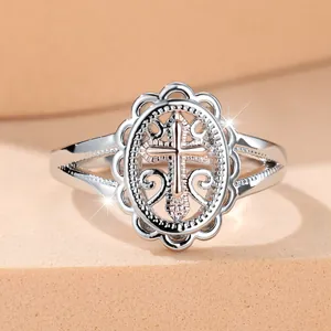 Vintage Two Tone Hollow Cross Filigree Oval Ring Retro Rose Gold Silver Plated Copper Religious Statement Ring For Women Men