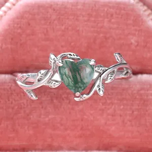 Vintage 925 Sterling Silver Moss Agate Heart Ring With Vine Leaf Design For Women Nature Style Green Gemstone Jewelry Finger Ring