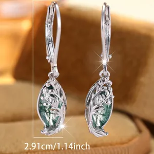 Elegant 925 sterling silver drop earrings with moss agate stones and leaf design