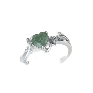 S925 silver leaf ring with heart-shaped green agate stone on a clean white background