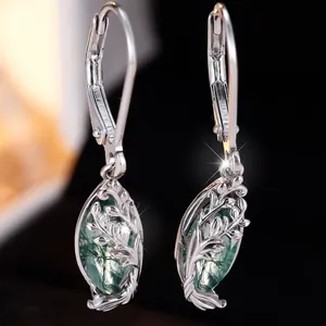 S925 silver leverback drop earrings with moss agate and hollow vine leaf design