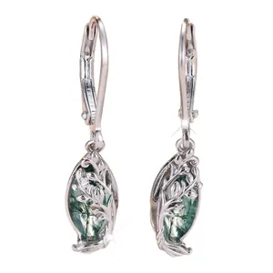S925 sterling silver drop earrings with moss agate and hollow vintage leaf design