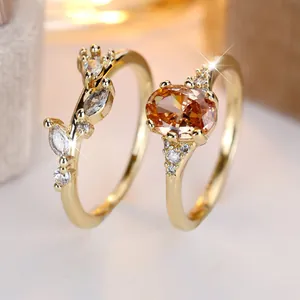 Vintage Gold Plated Copper Ring Stackable Leaf Vine Design Oval Champagne Zirconia Marquise Crystal Jewelry Ring For Women