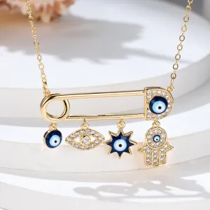 Alloy Zirconia Evil Eye Safety Pin Pendant Necklace Hamsa Hand Star Charms For Women Boho Fashion Jewelry Elegant Gift