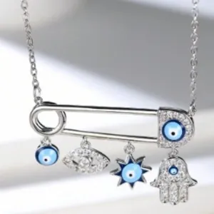 Elegant paperclip necklace featuring evil eye charms and Hamsa Hand in silver finish