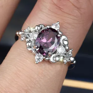 Vintage Luxury Oval Purple Stone Ring Silver Plated Copper Cluster Zirconia Ring For Women Wedding Engagement Jewelry