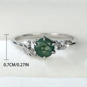 Classic S925 sterling silver ring with round green agate and leaf design accents
