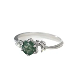 S925 sterling silver ring with round green moss agate and leaf design with crystals