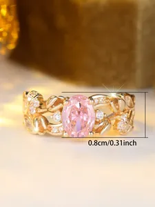 Detail shot of vintage flower ring with pink oval stone and 0.8cm size dimension marker