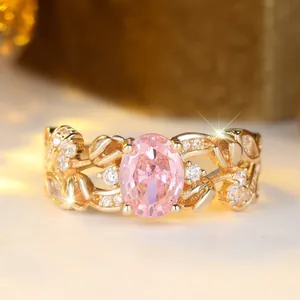 Vintage Gold Plated Copper Oval Pink Zirconia Ring Elegant Floral Vine Leaf Design Luxury Fashion Finger Jewelry For Women