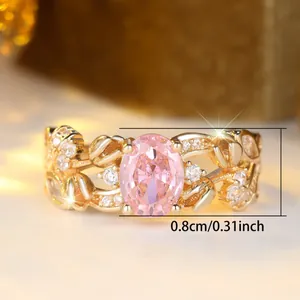 French vintage gold ring with oval pink gemstone and white floral diamonds, 0.8cm height