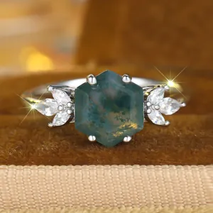 Hexagon Moosachat Ring mit Marquise-Diamanten in silberner Fassung für Damen