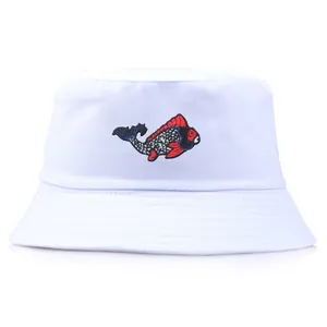 Cappello da Pescatore Ricamato con Carpa Koi Stile Etnico Reversibile in Cotone Protezione Solare per Uomo Donna Outdoor
