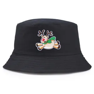 Chapeau Bob de Noël avec Broderie Renne en Pur Coton Chapeau de Soleil d'Extérieur pour Femmes Hommes Fête Vacances Décontracté