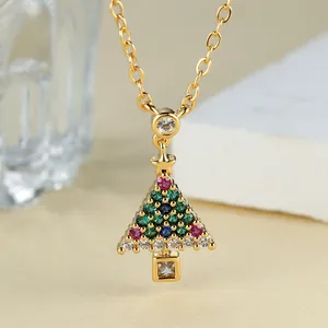 Elegant gold Christmas tree necklace with colorful zircon stones on a fine O-chain