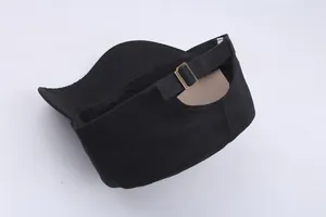 Detail of adjustable brass buckle and cotton strap on the back of the black cadet cap