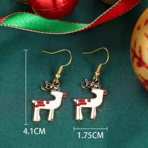 Detail view of festive reindeer drop earrings with size markers 4.1cm by 1.75cm